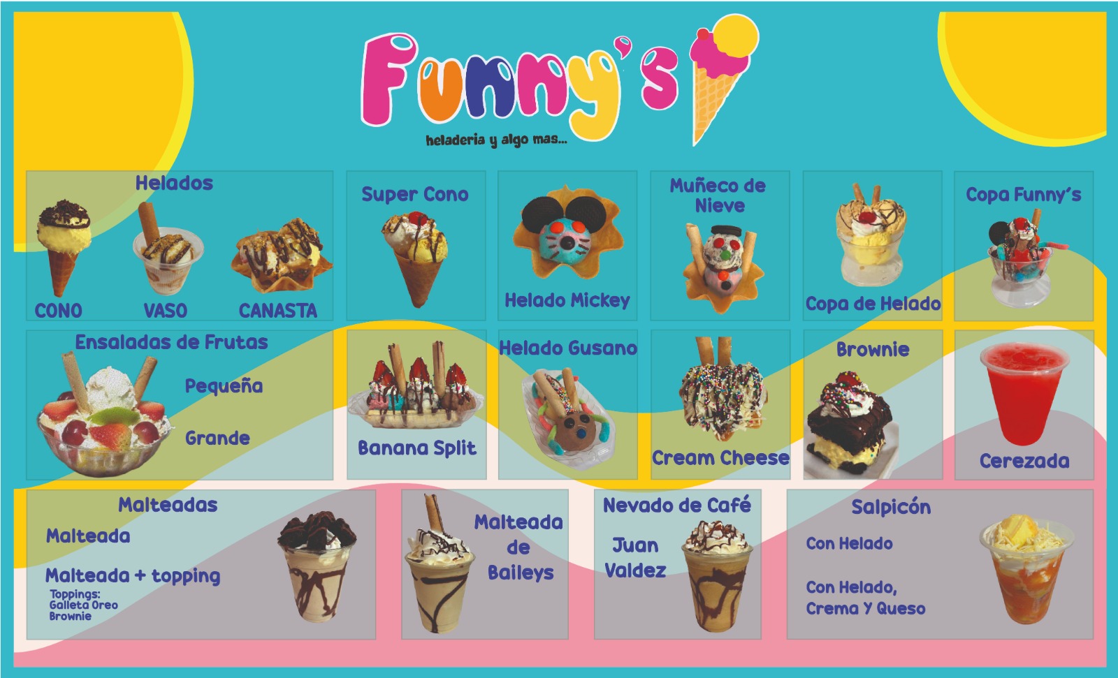 Diseño de menú para negocio de alimentos con productos, precios y métodos de pago