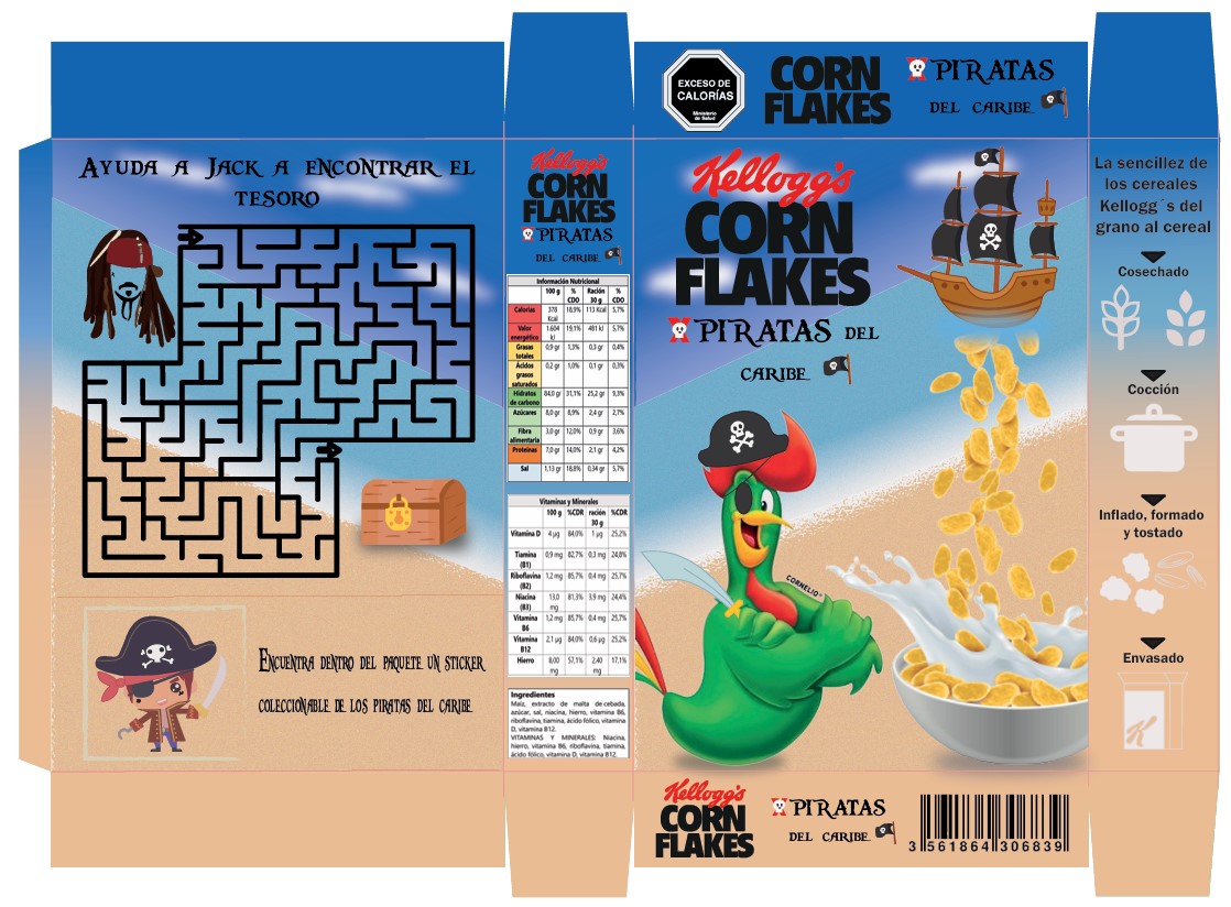 Diseño de empaque para cereal Kelos con temática pirata