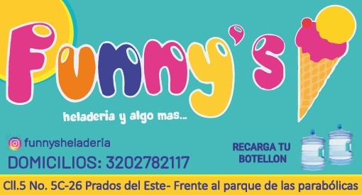 Tarjeta de presentación de heladería con redes sociales, contacto, dirección y servicio adicional
