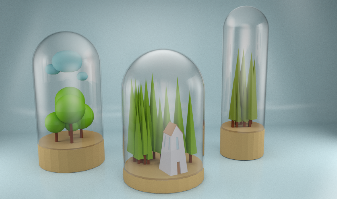 Escena 3D de esferas miniaturizadas con temática silvestre