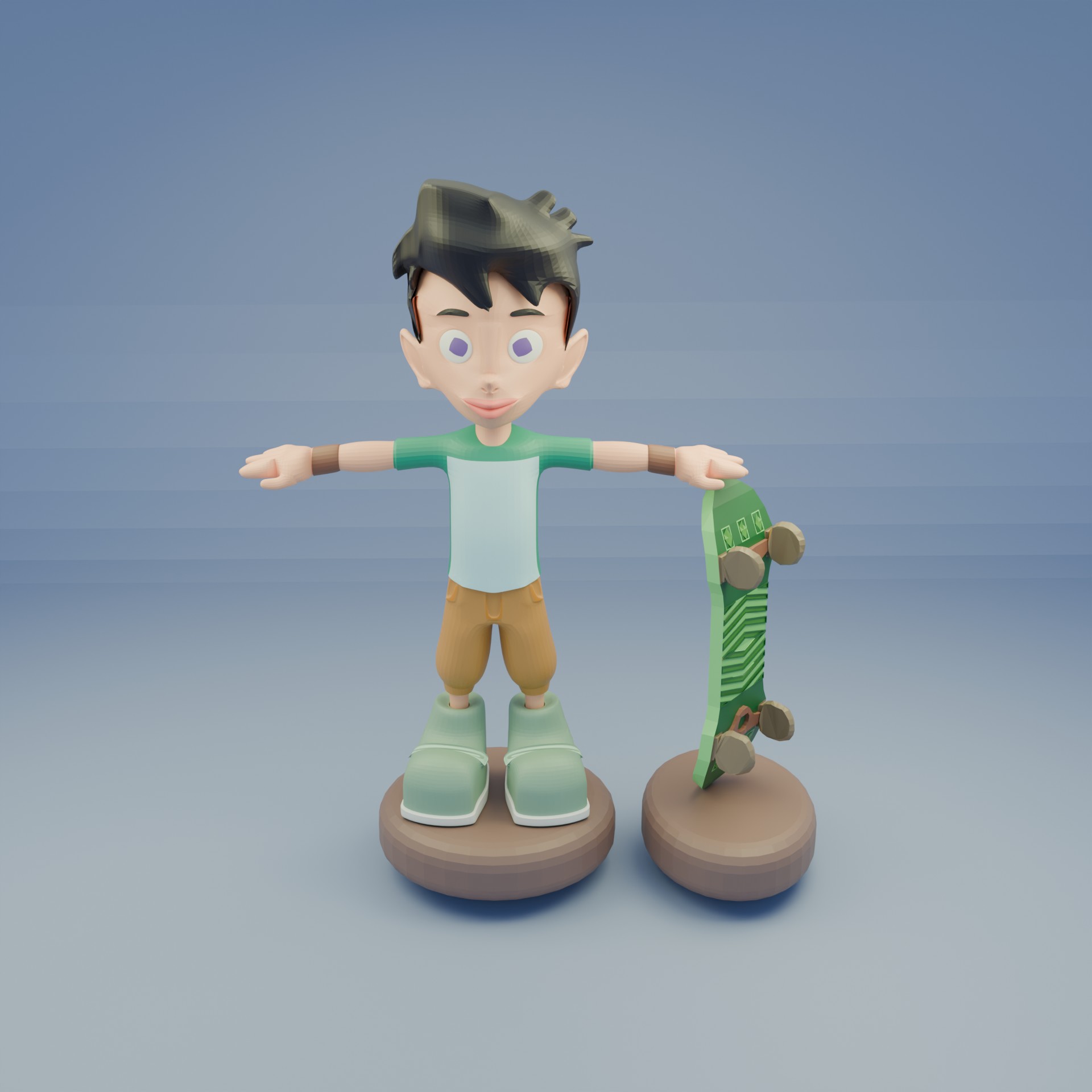 Render frontal de un personaje niño estilizado con patineta en 3D